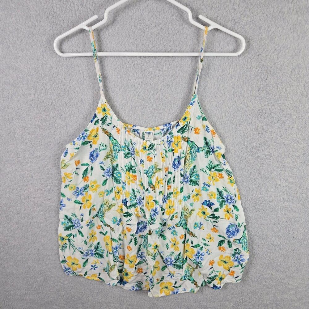 Old Navy Womens Large Floral Bird Cami Top Spaghetti Strap Pleated Rayon Blouse
